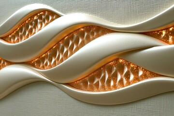 Fototapeta premium An intricate molten gold design flowing in dynamic waves, illuminated by radiant highlights and transitioning into pastel gradients of peach and cream. Adorn the pattern with shimmering glitter 