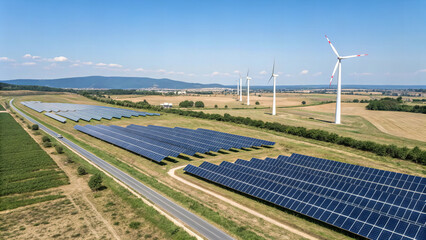 vibrant solar farm and wind turbines under clear blue sky, showcasing renewable energy in rural landscape. scene reflects sustainability and innovation