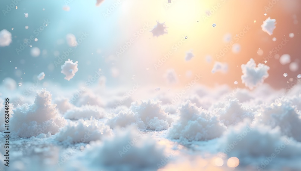 Fototapete A generative AI illustration of an abstract background featuring white foam particles floating through the air in a bright, illuminated setting