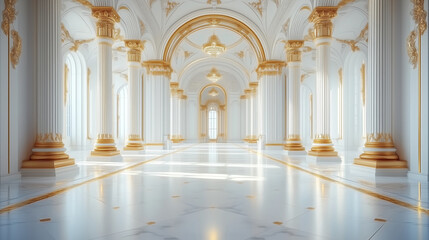 Obraz premium Luxury Palace Interior Background. Rich Interior of Royal Palace. White and Gold Marble Castle Hall. Abstract Wedding Background
