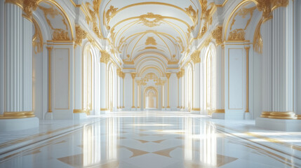Fototapeta premium Palace Interior Background. Luxury Interior of Royal Palace. White and Gold Marble Castle Hall. Abstract Wedding Background