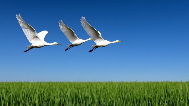 Three Cranes Soaring:  A serene image of three white cranes gracefully soaring against a vibrant blue sky, their wings outstretched as they fly in formation over a lush green field.