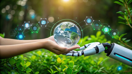 human hand and robotic arm collaborate to hold globe, symbolizing technology and nature working together for sustainable future