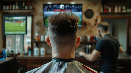 man with stylish haircut sits in barbershop chair, watching soccer game on TV. barber is focused on his work, creating relaxed atmosphere