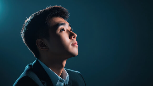 young Asian man in suit gazes upward, reflecting determination and ambition. dramatic lighting highlights his features, creating thoughtful atmosphere
