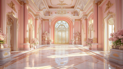 Fototapeta premium Luxury Palace Interior decorated with pink roses flowers. Palace Interior background. Pink and Gold Marble Castle Hall