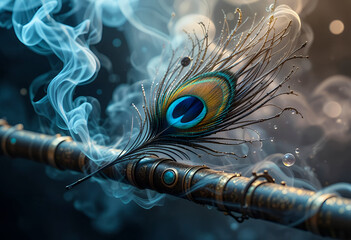 A peacock feather against a backdrop of blue smoke. © realone