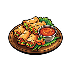 Close-up vector illustration of vibrant fresh Thai spring rolls, showcasing textures and ingredients.  Emphasis on detail and appetizing presentation.