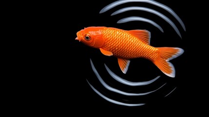 Golden Koi Fish in Motion: A vibrant orange koi fish gracefully swims through the water, leaving a trail of ripples in its wake, captured in a mesmerizing black and white backdrop.  