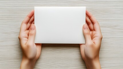 Obraz premium Hands Holding Blank White Card on Wooden Background