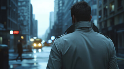 man wearing trench coat stands on rainy city street, gazing into distance. urban environment is...