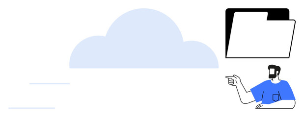 Blue cloud icon indicating cloud storage with black and white file folder, man in blue shirt pointing toward the folder. Ideal for data storage, cloud computing, file management, information © robu_s
