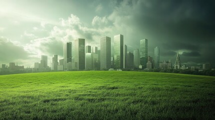 A green field in front of a modern city skyline under dramatic clouds.