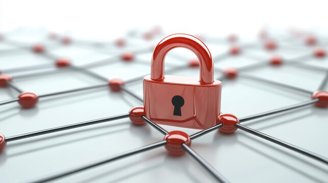 red padlock symbolizes security, positioned above interconnected lines representing network. This conveys importance of data protection and connectivity in digital world