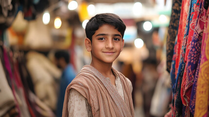 Obraz premium young boy smiles in vibrant market, surrounded by colorful fabrics and textiles. His traditional attire reflects cultural heritage, creating warm and inviting atmosphere