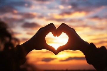 Hands creating a heart shape against a vibrant sunset sky, with blurred clouds and warm tones. Symbol of love, unity, and positivity. Ai generative