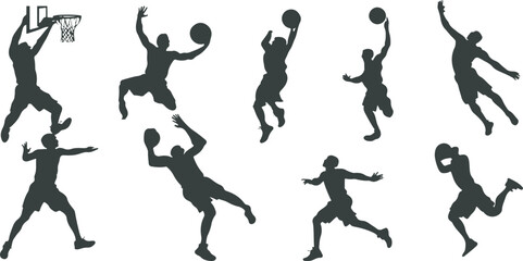 Dynamic basketball player silhouettes in action, performing dribbling and shooting moves. Ideal for promotional materials, sports event designs, and athletic-themed illustrations