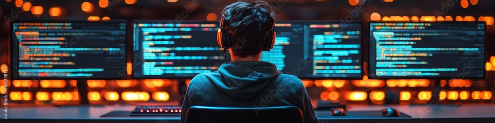 Poster Young Programmer at Work Teen Surrounded by Glowing Monitors and Scrolling Code in Dark Room