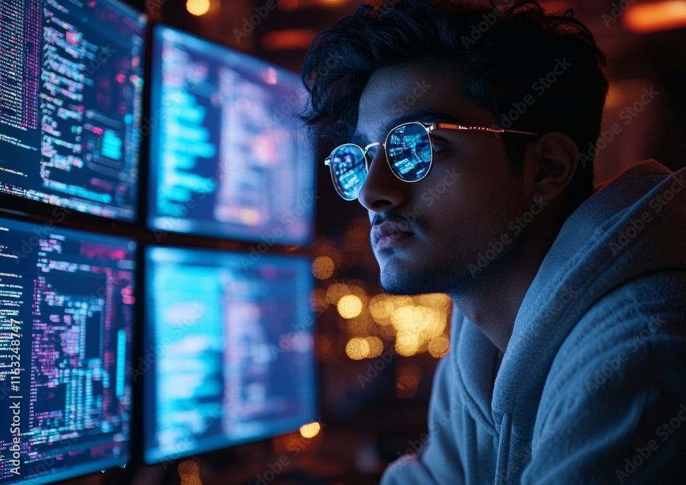 Leinwandbilder intense focus in modern coding environment young man with monitors and neon glow