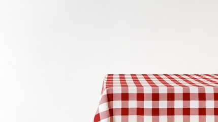 Fototapeta premium Empty red, white checkered tablecloth on wooden dining table. Clean white background provides ample copy space. Ideal for summer picnic dining designs. Blank table setting for product food