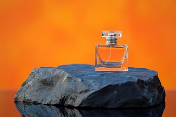 Perfume Bottle Rests on Dark Rock Against Orange Background
