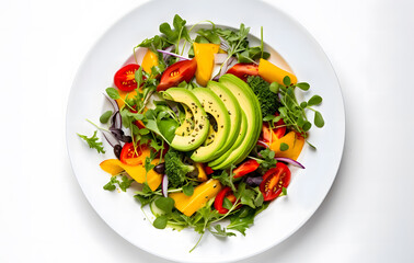 Fresh and healthy salad, vegetables on a white plate, perfect for a light lunch or dinner with delicious vegetarian dishes.