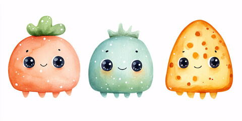 Obraz premium Three cute cartoon characters painted with watercolors, featuring happy expressions and playful designs.