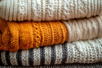 Cozy fall sweaters stacked together, showcasing warm textures and colors. Perfect for chilly days, these knitted garments add comfort and style to any wardrobe