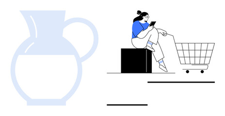 Jug filled halfway, woman sitting on a block reading from device, empty shopping cart. Ideal for online shopping, modern lifestyle, convenience, home essentials, digital devices, consumer behavior