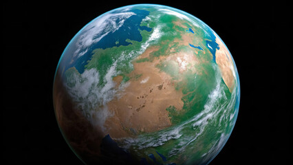 conceptual image of terraforming planet, showcasing vibrant landscape with green vegetation, blue oceans, and diverse terrain. scene evokes sense of wonder and possibility