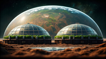 Obraz premium futuristic concept of terraforming planet, featuring two biodomes surrounded by lush greenery, set against backdrop of distant planet and protective dome