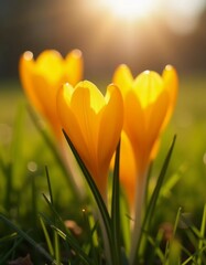 Fototapeta premium Delicate yellow crocus flowers bloom in lush green grass, sunlight in serene spring setting. Nature revival. Saffron Crocus is genus of perennial bulbous herbaceous plants Iris family Iridaceae. AI.