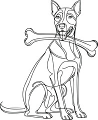 A dog sitting with a bone in its mouth, line art, no color, white background, clear line art, stylish line art.eps