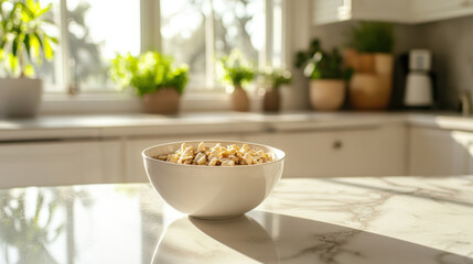 bowl of cereal sits on marble countertop in bright kitchen, surrounded by plants and natural light. serene atmosphere invites sense of calm and comfort