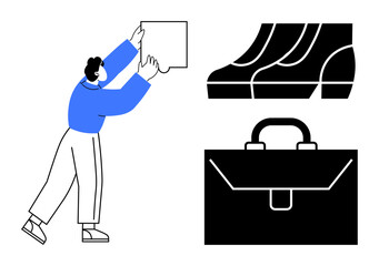 Person holding a document, formal shoes, and a briefcase, representing professionalism, work attire, and business tasks. Ideal for business, corporate work, job market office decorum career