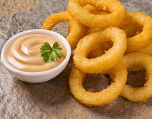 Golden Onion Rings with Zesty Dipping Sauce on a Textured Background