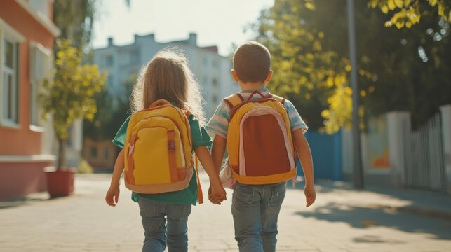Happy diverse school children walking outdoors on a sunny day, featuring an older sister holding hands with little preschool boy and girl carrying backpacks on their way to kindergarten, capturing the