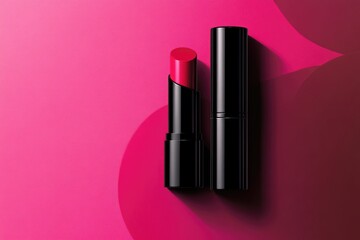 Obraz premium Red Lipstick and Case on Pink Background