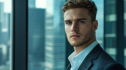 Fototapeta premium young man with short light brown hair and blue eyes, dressed suit, stands confidently modern office with city skyline background. His expression is serious yet approachable, reflecting