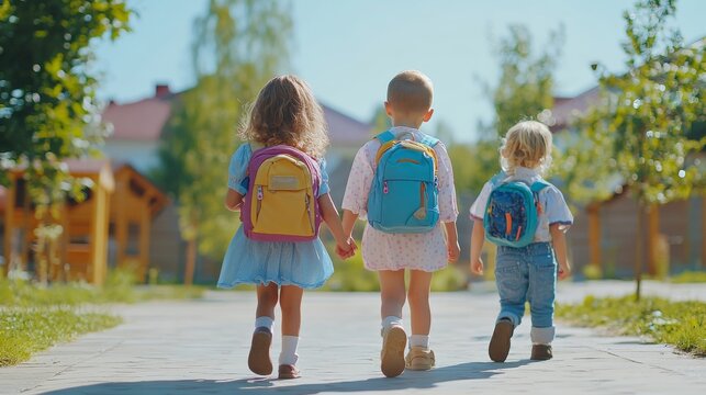 Happy diverse school children walking outdoors on a sunny day, featuring an older sister holding hands with little preschool boy and girl carrying backpacks on their way to kindergarten, capturing the