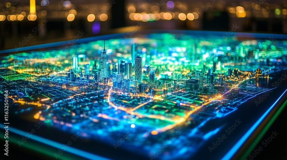 Poster Futuristic Smart City Data Visualization Neon Connectivity on Interactive Display