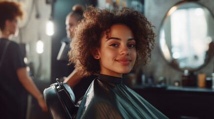 young woman with curly hair sits in barbershop chair, smiling confidently. vibrant atmosphere of salon enhances her joyful expression, showcasing moment of self care and beauty