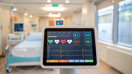 digital interface displaying real time health monitoring data in hospital setting. screen shows vital signs like heart rate and blood pressure, emphasizing patient care