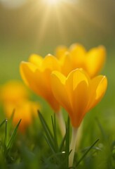 Fototapeta premium Delicate yellow crocus flowers bloom in lush green grass, sunlight in serene spring setting. Nature revival. Saffron Crocus is genus of perennial bulbous herbaceous plants Iris family Iridaceae. AI.