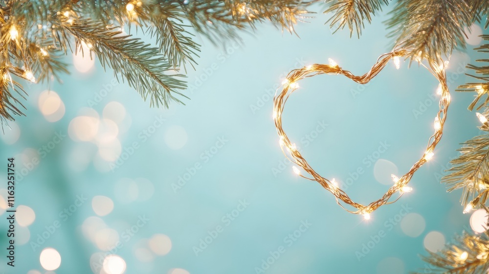 Aufkleber heart-shaped fairy lights and pine branches with sparkling bokeh background