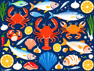 Obraz premium Vibrant Seafood Pattern with Marine Life and Nautical Elements Playful Ocean Motif for Restaurant Menu Design