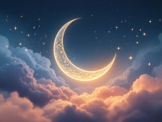Crescent moon over a cloudy sky at night, creating a peaceful and serene atmosphere, perfect for calming, spiritual, or Ramadan themed designs.