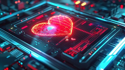 Obraz premium Futuristic digital heart, glowing red and blue, in a technological network. Represents love in the digital age.