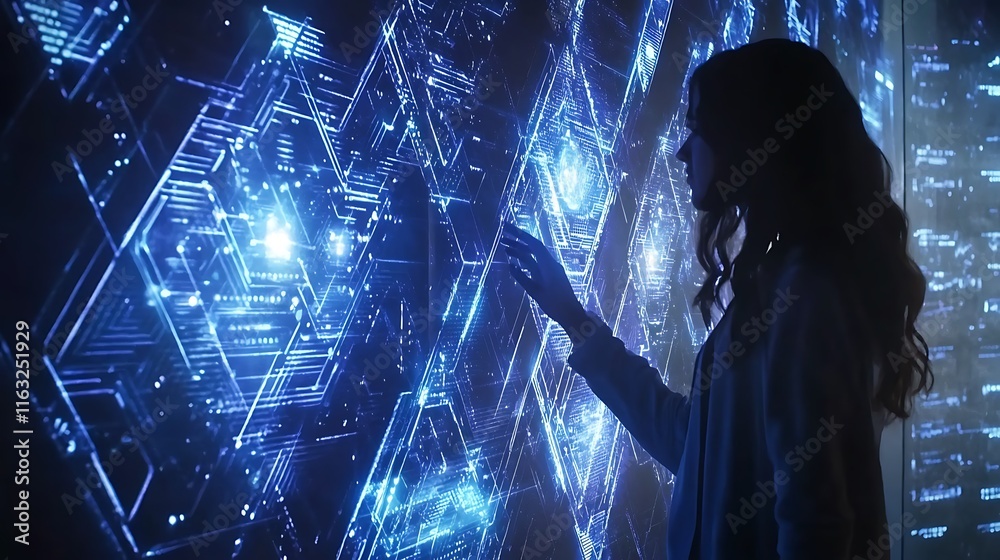 Poster woman interacts with a futuristic holographic interface displaying complex data patterns.