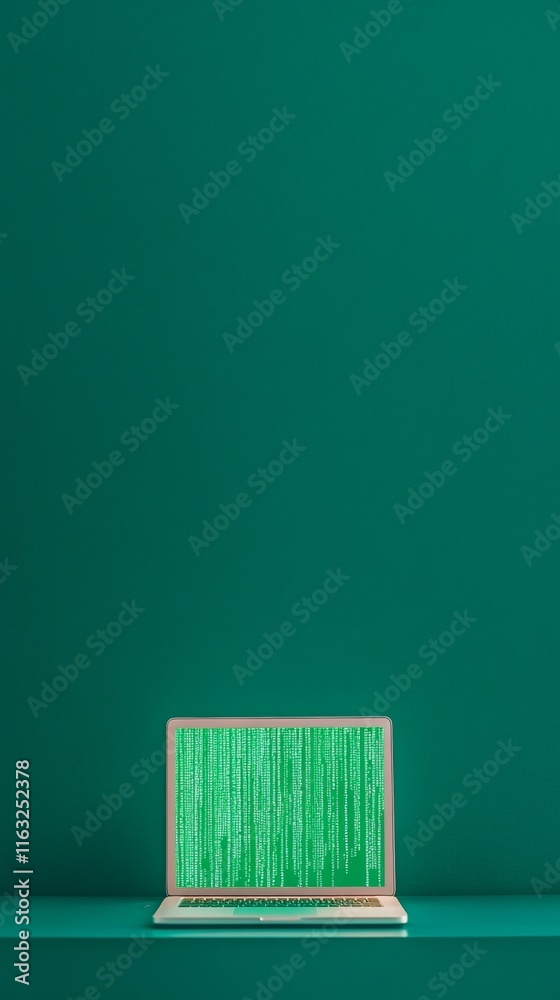 Poster Minimalist Tech Workspace with Neon Green Code on Laptop Screen in Dark Room
